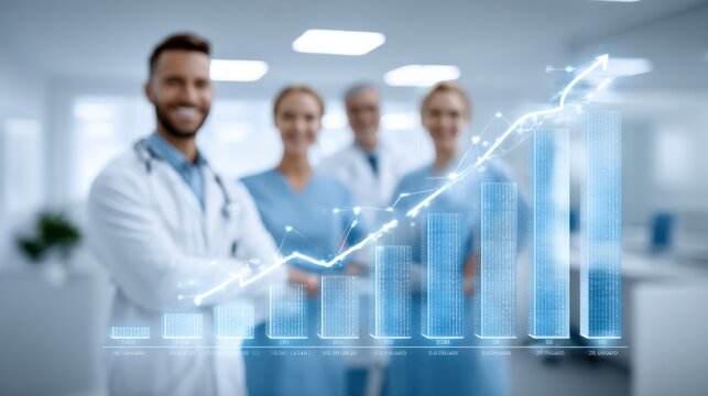 Smiling Healthcare Professionals Stand Proudly Behind a Glowing Blue Financial Growth Chart in Modern Clinic