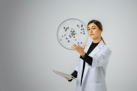 3D researcher tablet bubble in clinical innovation scene