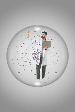 3D scientist bubble laptop in immersive research sphere