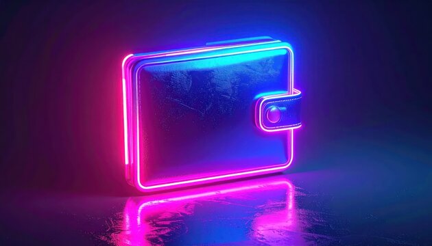A vibrant neon wallet glows against a dark background, reflecting a cool pink and blue light