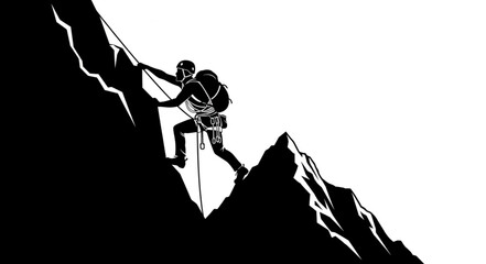 Climber Scaling Steep Mountain Peak with Lightning. © Pras