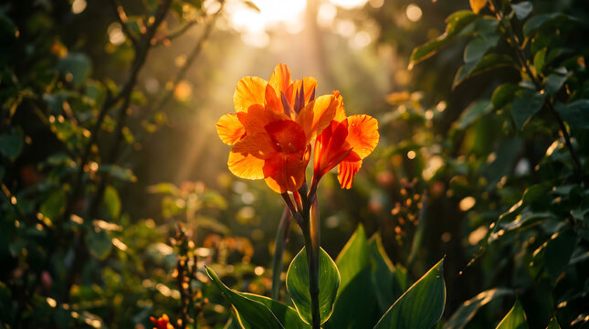 Beautiful Golden Hour Lighting on Blooming Canna Indica in Public Park Landscape
