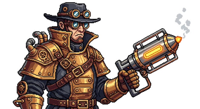 Steampunk character with goggles and raygun weapon.