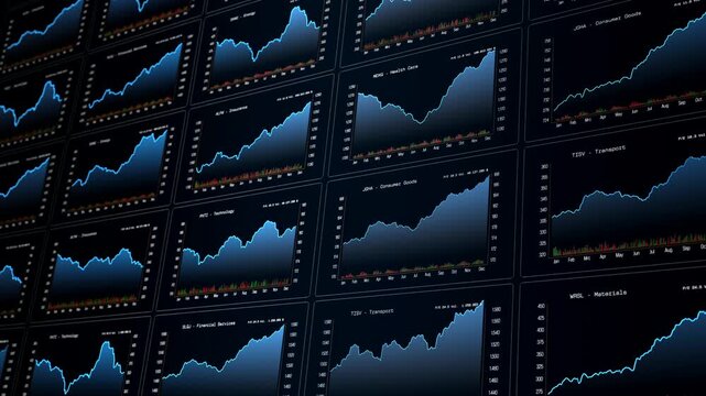 Charts up and down, line graph, stock market and exchange data, trading screen. Investment, business, financial market, analyzing, growth, wealth. 3D animation
