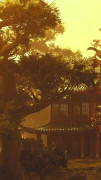 A serene temple rests among vibrant trees, bathed in golden sunlight. The rich colors create a peaceful atmosphere, inviting contemplation and awe of natures beauty.