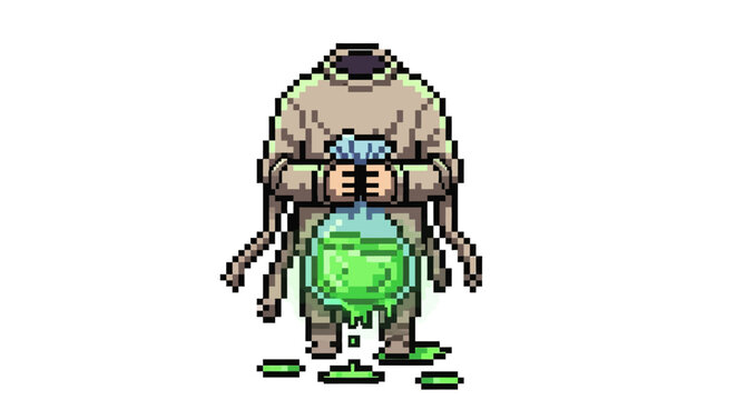 Pixel Art Character Holding Glowing Potion Bottle.