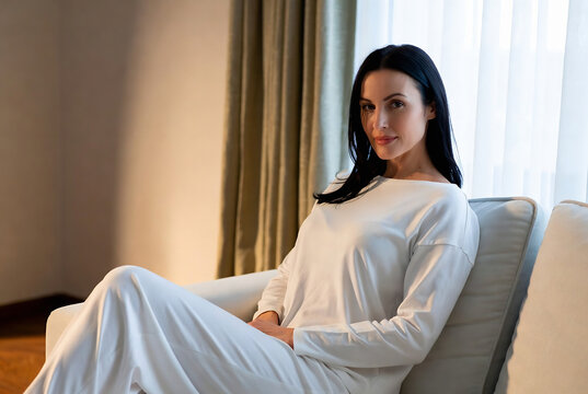 A woman sits on a couch in a hotel room.