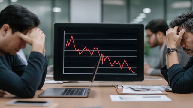 Stressed business people react to a failing stock market graph on a computer screen in a meeting room