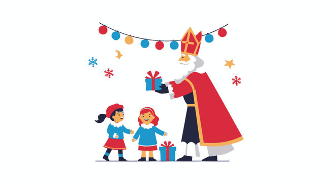 Saint Nicholas Giving Gifts to Children with Festive Lights