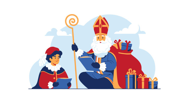 Saint Nicholas and Zwarte Piet with gifts and book