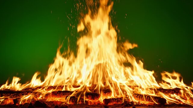 Burning wood logs with flames highlighting geometric patterns and contemporary art