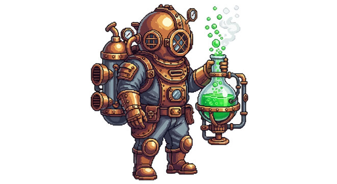 Steampunk Diver Holding Glowing Potion.