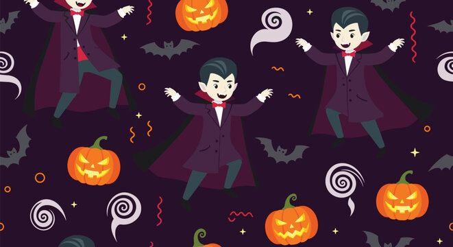 Halloween seamless pattern featuring cute little vampire children in capes jumping among carved pumpkins and flying bats.