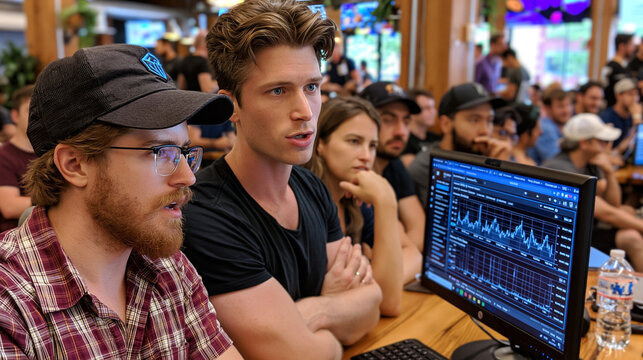 A crowded co-working floor during a product demo day, founders huddled around a monitor showing a live user dashboard, mouths open mid-sentence, perfect for product market fit, startup culture, and 