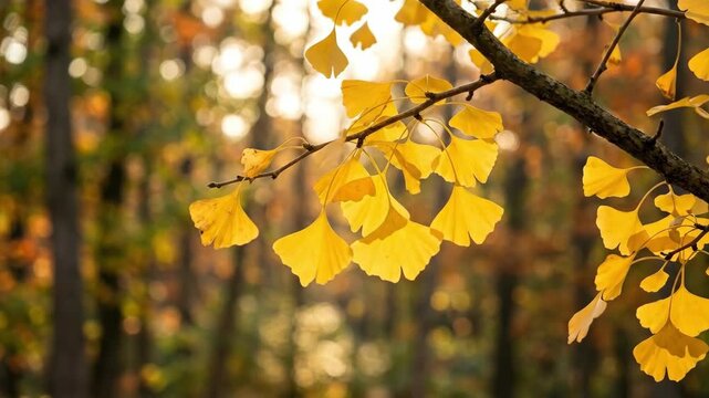 Yellow ginkgo leaves glowing in warm sunlight on a tree branch, autumn nature close-up, delicate foliage and golden tones, serene seasonal scene, no logos