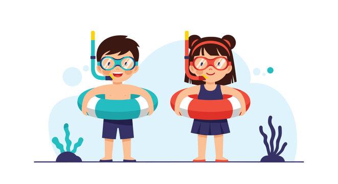 Young boy and girl wearing swimming goggles and snorkels while holding lifebuoys to get ready for an underwater diving adventure.