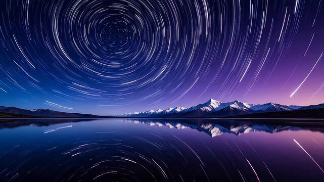 Night sky star trails over mountain lake