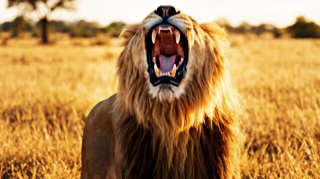 Lion in Grassland at Sunset ideal for travel vlogs and eco-friendly campaigns