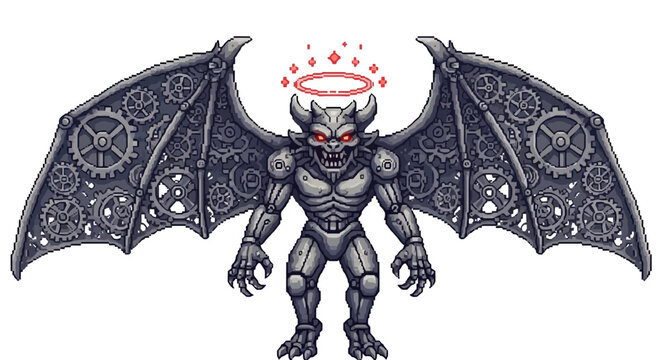 Steampunk Gargoyle Creature with Mechanical Wings and Halo.