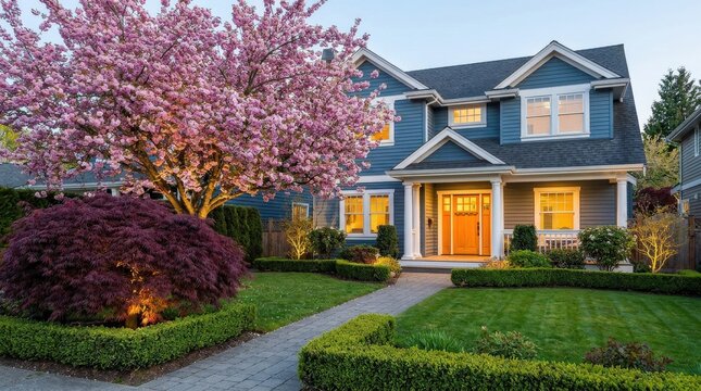 Beautiful Suburban Home with Blooming Cherry Tree and Lush Landscaping.