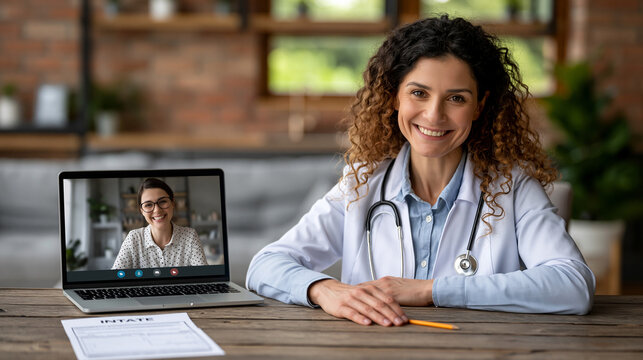 Doctor and patient at opposite ends of a neutral-toned telehealth setup, on-screen expression clearly engaged, a printed intake form and pencil on the desk, sunlit home backdrop, ideal for online th