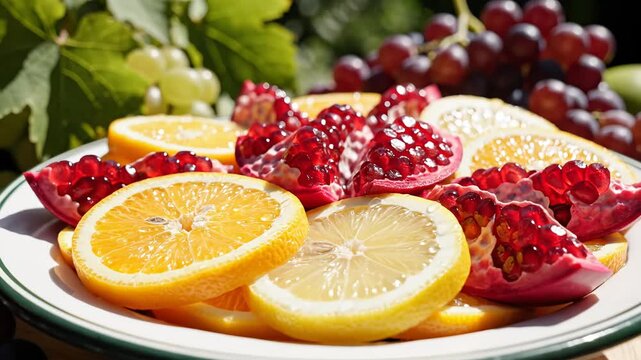 Sliced citrus fruits and pomegranate on plate ideal for sleek commercial backgrounds and title sequences