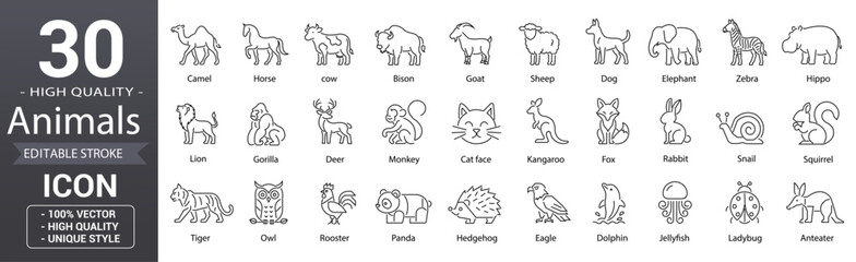 Obraz premium Animal line icon set. Editable stroke minimal vector outline icons for horse, cow, dog, monkey, wildlife, pet and domestic animals collection for ui, app, web and graphic design