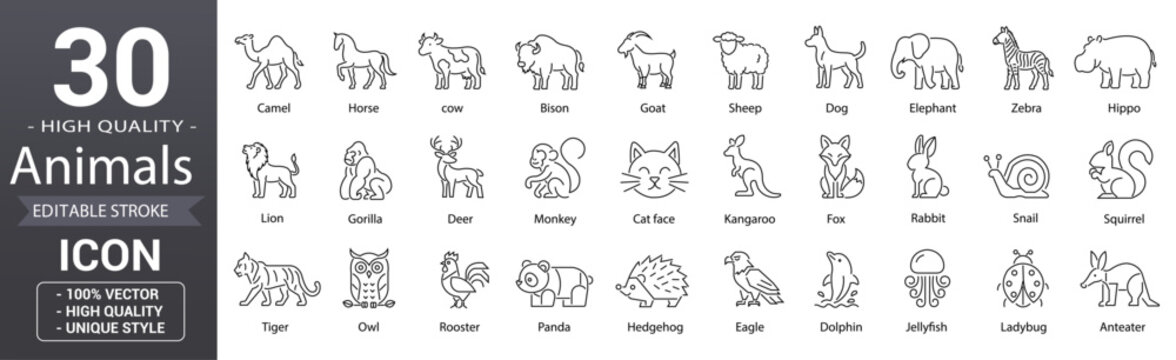 Animal line icon set. Editable stroke minimal vector outline icons for horse, cow, dog, monkey, wildlife, pet and domestic animals collection for ui, app, web and graphic design