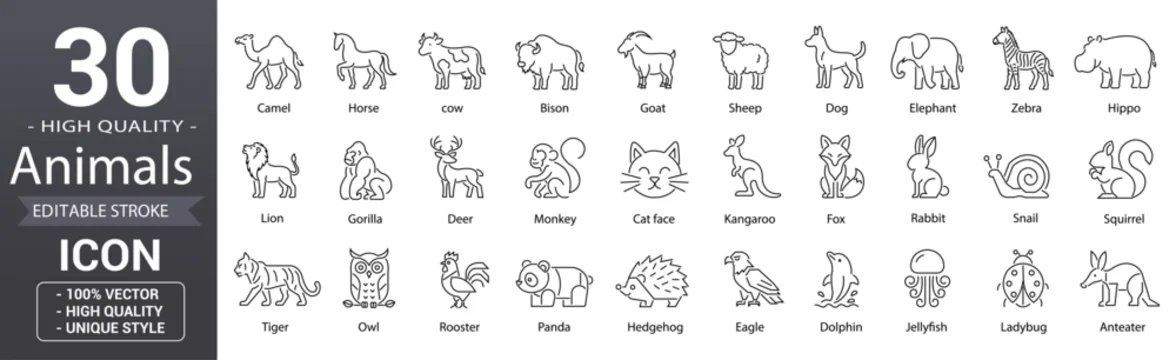 Animal line icon set. Editable stroke minimal vector outline icons for horse, cow, dog, monkey, wildlife, pet and domestic animals collection for ui, app, web and graphic design
