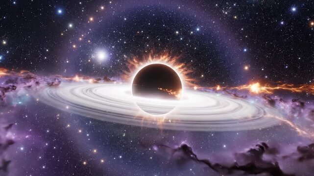 Cosmic black hole with glowing ring highlighting geometric patterns and contemporary art