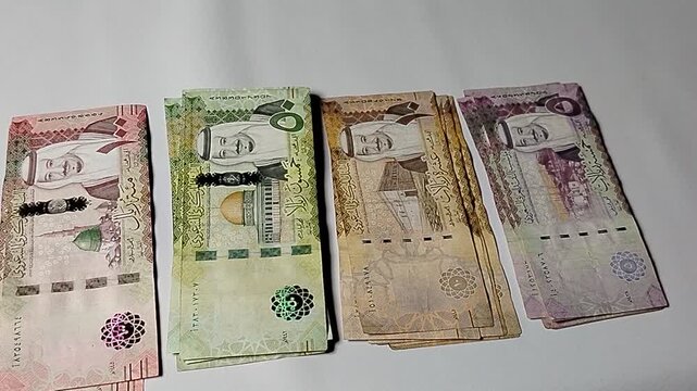Saudi Riyal banknotes set featuring 5, 10, 50, and 100 riyals, symbolizing the economic strength and cultural identity of Saudi Arabia.