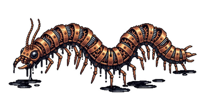 Steampunk Mechanical Centipede Creature Illustration.