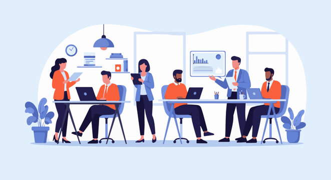 Diverse team collaborating and analyzing data in a modern office environment with plants