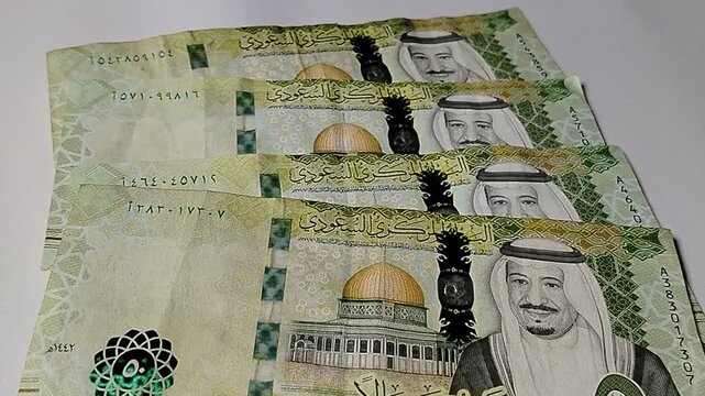 Fifty riyals currency notes illustrating banking, financial management, international trade, and money transaction concepts in the global economy.