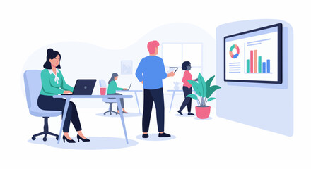 Fototapeta premium Diverse team collaborates in a modern office, analyzing data on a large screen