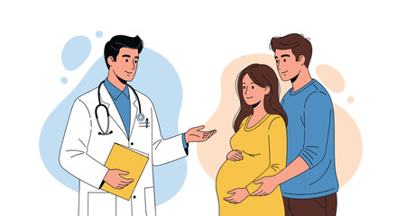 Obraz premium Friendly male doctor in a white coat consults with a happy pregnant woman and her partner in a medical clinic to discuss her health.
