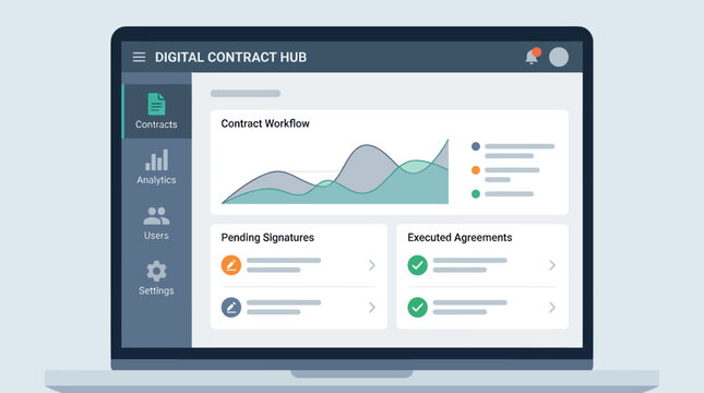 A business workflow graph displayed on a laptop screen shows pending signatures and contract agreements.