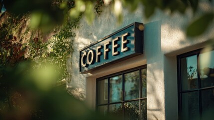 Obraz premium A vintage COFFEE sign glows warmly above a storefront window, framed by the soft green foliage of nearby trees