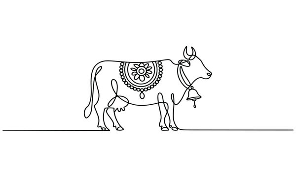 Minimalist single line drawing of a decorated cow with a bell