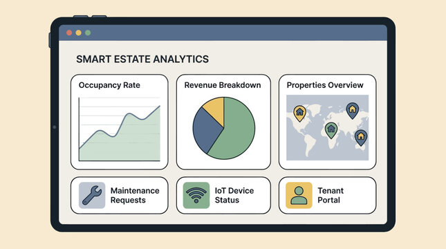 Estate analytics dashboard displays occupancy rate and resource breakdown graphs on computer screen