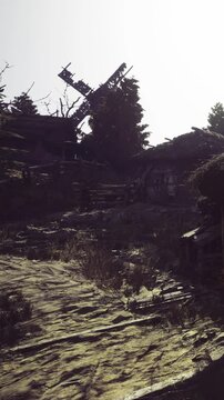 Nestled in a peaceful forest, a weathered cabin stands among trees and dry grass. Sunlight casts soft shadows, hinting at stories of the past that linger in this forgotten place.