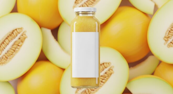 Fresh melon juice in a glass bottle on a melon background