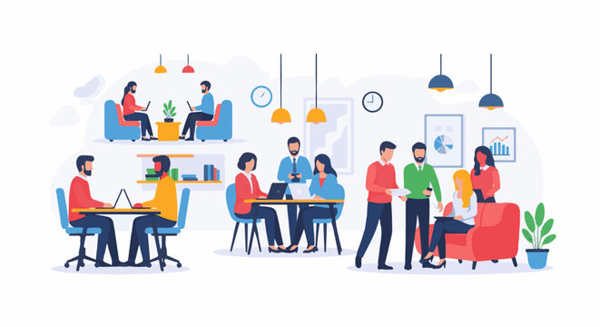 Diverse professionals collaborating and working in a modern, bright office space