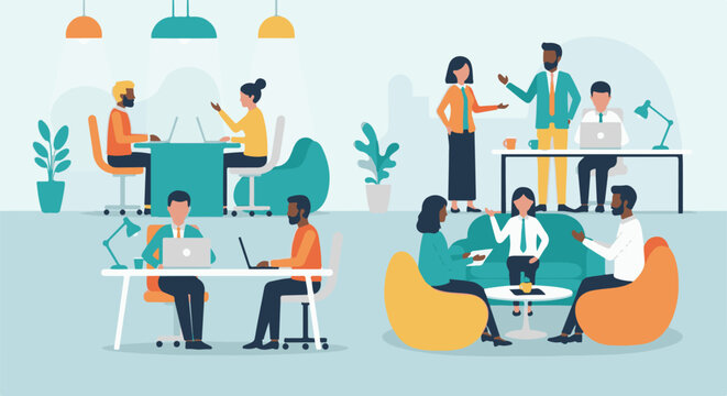 Diverse professionals collaborating and working in a modern, collaborative office space