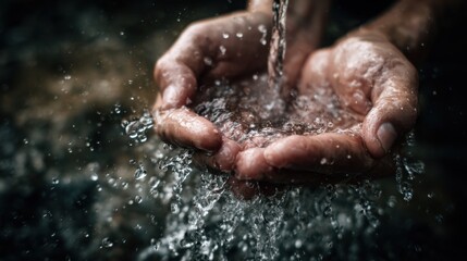 Fototapeta premium Cupped hands catching flowing clear water in a dark, natural setting. The water splashes and reflects light, highlighting the hands' texture and the water's purity