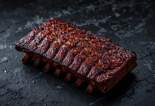 Grilled pork ribs with delicious glaze on a dark wooden table. costela