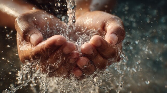 Cupped hands collecting clean, refreshing water, symbolizing purity and life. Water flows through the fingers, creating a dynamic and serene visual