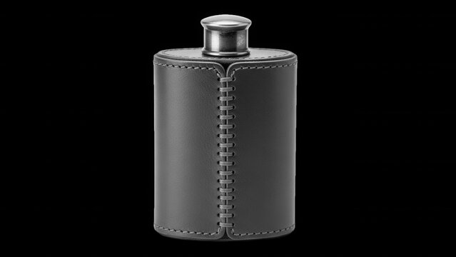 A grey leather-wrapped stainless steel hip flask with a metallic screw cap, isolated against a solid black background