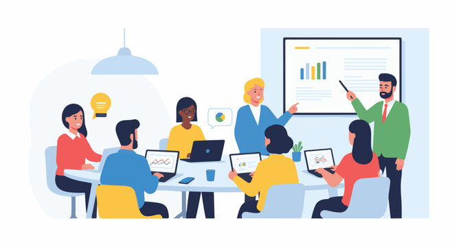 Diverse group of people collaborating in a modern office meeting, discussing charts on laptops and a whiteboard