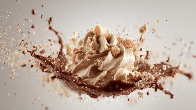 A delicious ice cream sundae exploding with toppings and chocolate sauce. The dessert is frozen in mid-air, creating a dynamic and mouth-watering display